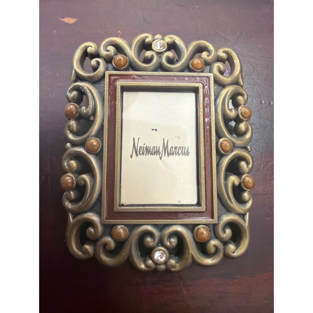Jay Strongwater Neiman Marcus Mini Picture Frame Gold Tone Enamel Crystal Scroll